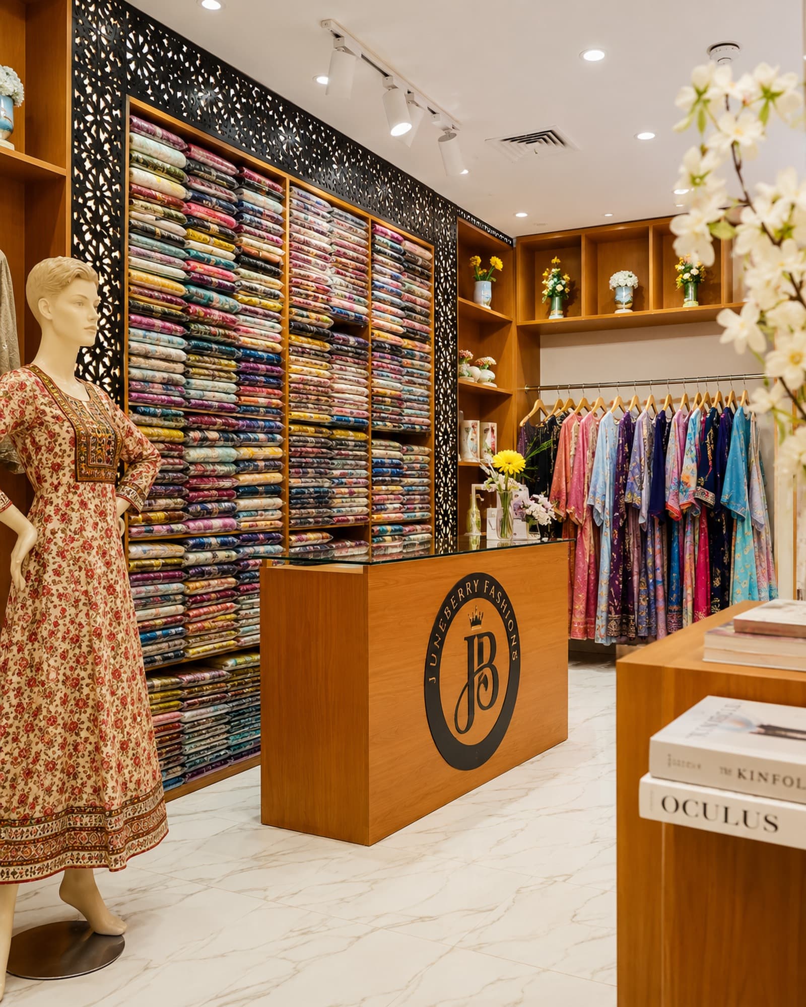 Inside the Juneberry Fashions store, fabric shelves and displayed pieces